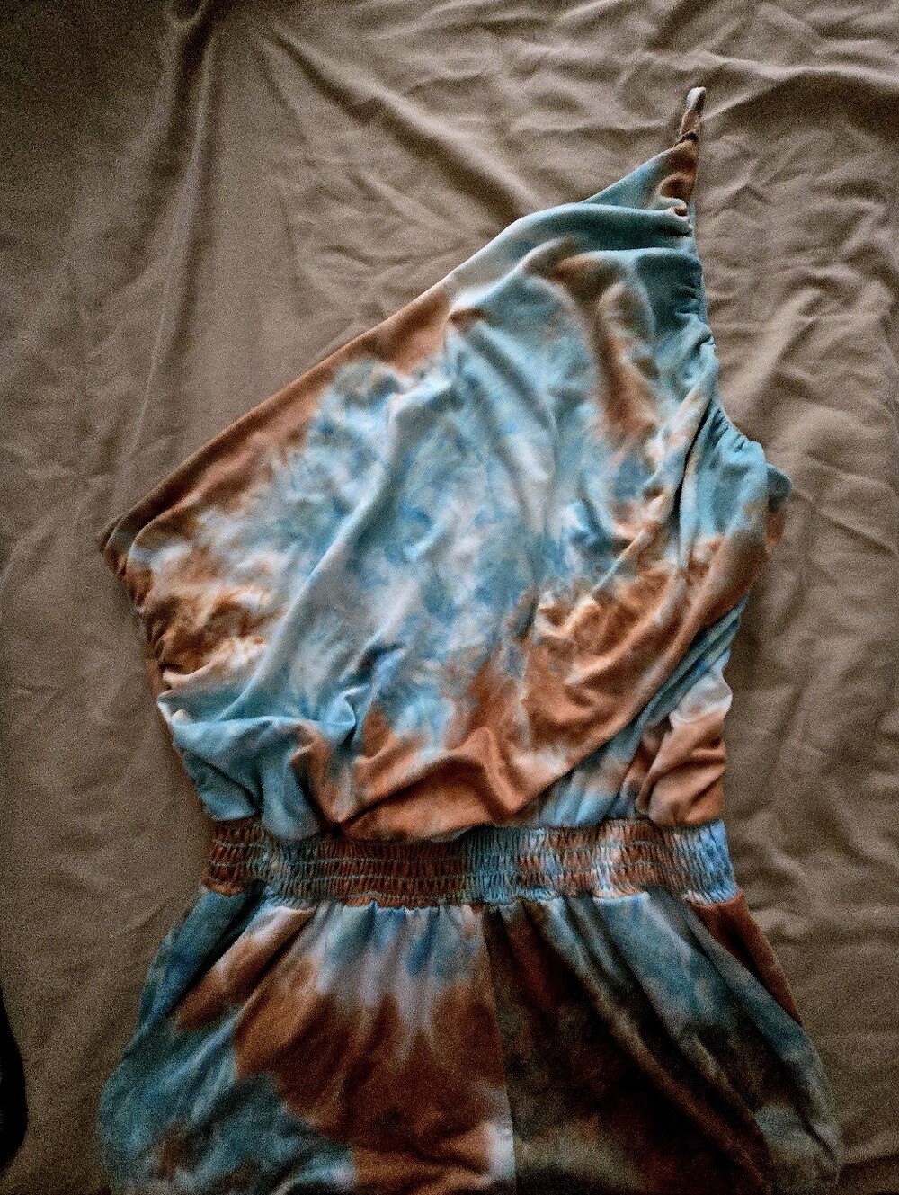 One-Shoulder Tie-Dye Jogger Jumpsuit in Blue & Brown